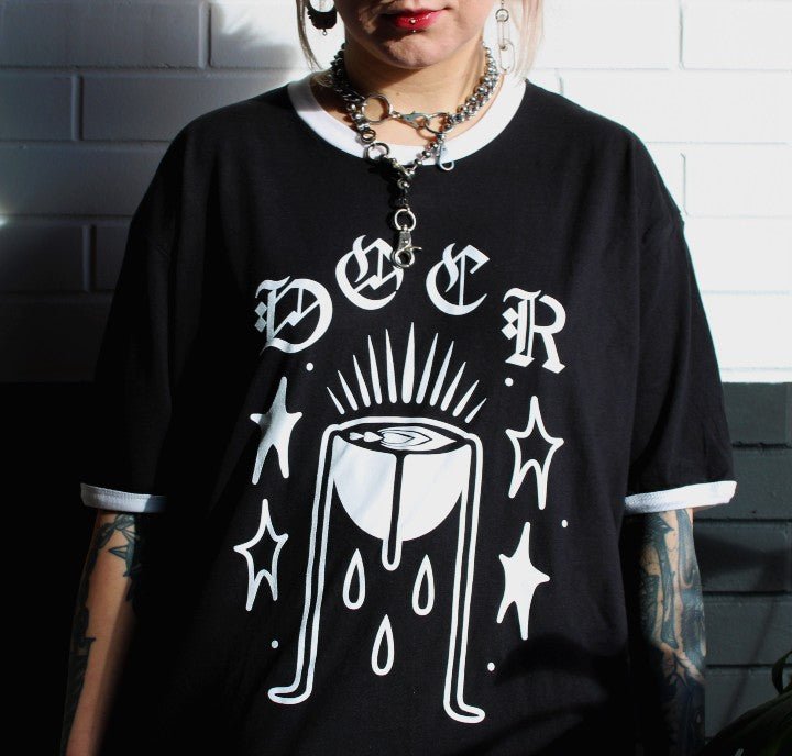 Divine Caffeination ringer t-shirt – Dessert Oasis Coffee Roasters