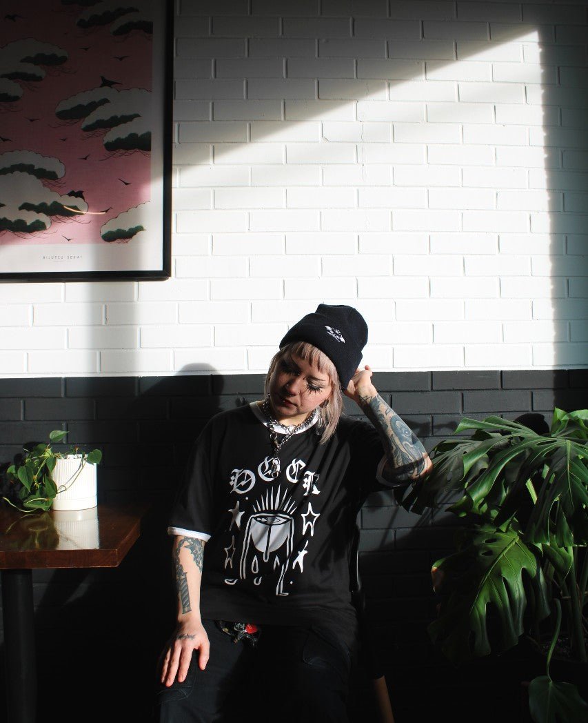 Divine Caffeination ringer t-shirt – Dessert Oasis Coffee Roasters